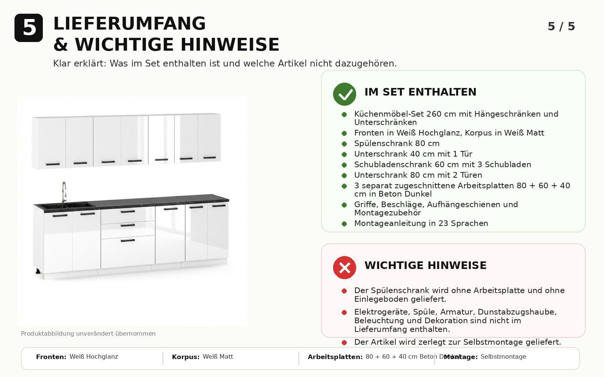 Weiß Hochglanz, schwarze Griffe und Arbeitsplatten in Beton Dunkel für modernes Design.