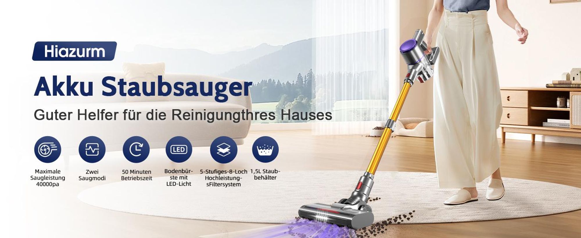 Hiazurm Akku Staubsauger,HEPAx4, 40000Pa Staubsauger kabellos,50 Min,Haushalte mit Haustieren ,kabelloser Staubsauger,Anti-Tangle-Staubsauger