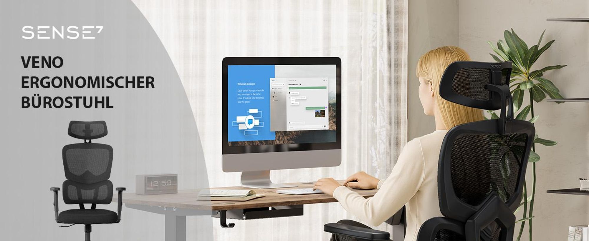 SENSE7 VENO Ergonomischer Bürostuhl Schreibtischstuhl Weiß Geteilte Rückenlehne Kopfstütze Netzrücken Homeoffice Chefsessel PC Stuhl Gummirollen 120kg