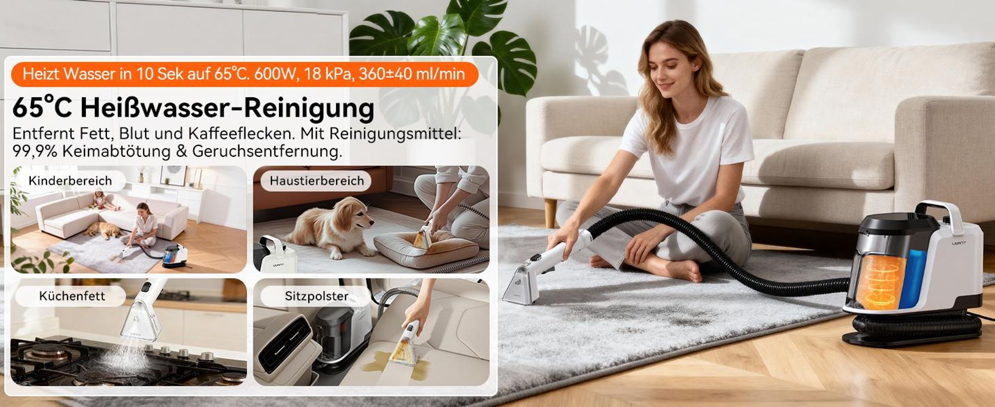 Uwant Y100 Steam Polsterreiniger Gerät, 3-in-1 Dampfreiniger für Sofa, Teppich und Auto mit 18KPA, 1750W Heißdampf, 65°C Heißwasser,Kaltwasser