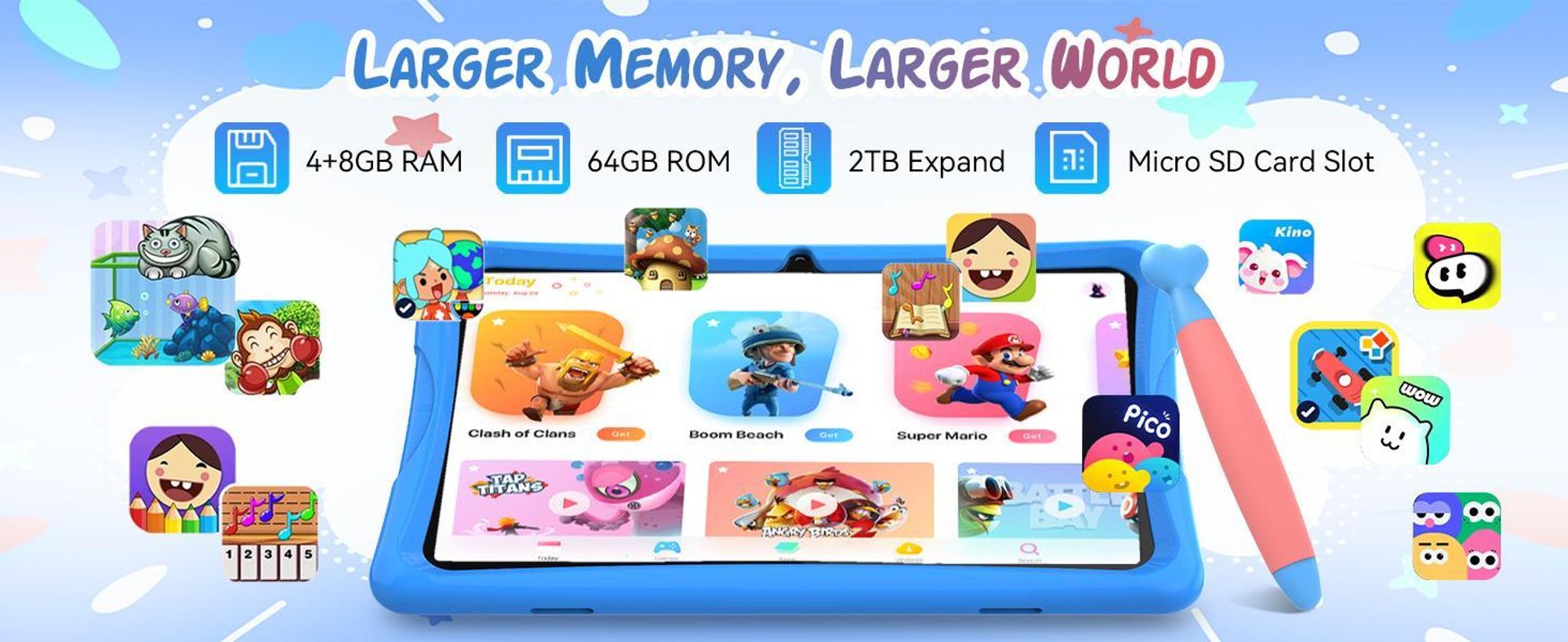 KOBONA-Tabwee K10 Kids 10.1" Rosa Tablet, Google Kids Space, 4+64GB ROM, Android 15 WiFi Tablet für Kind mit Kindgerechte Hülle und Stift, 5000mAh