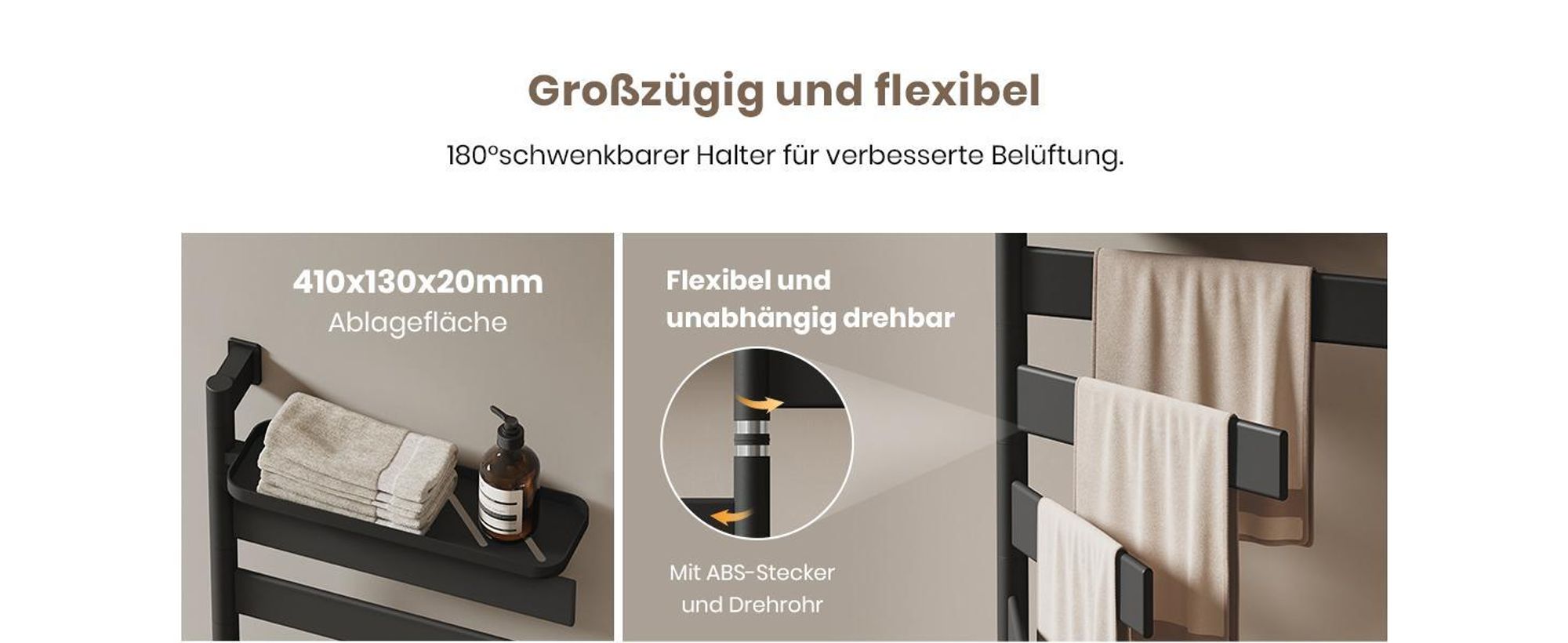 EMKE Elektrischer Badheizkörper mit drehbarem Handtuchhalter und Ablage Thermostat WiFi-App Sprachsteuerung Timer 76x45x14cm schwarz