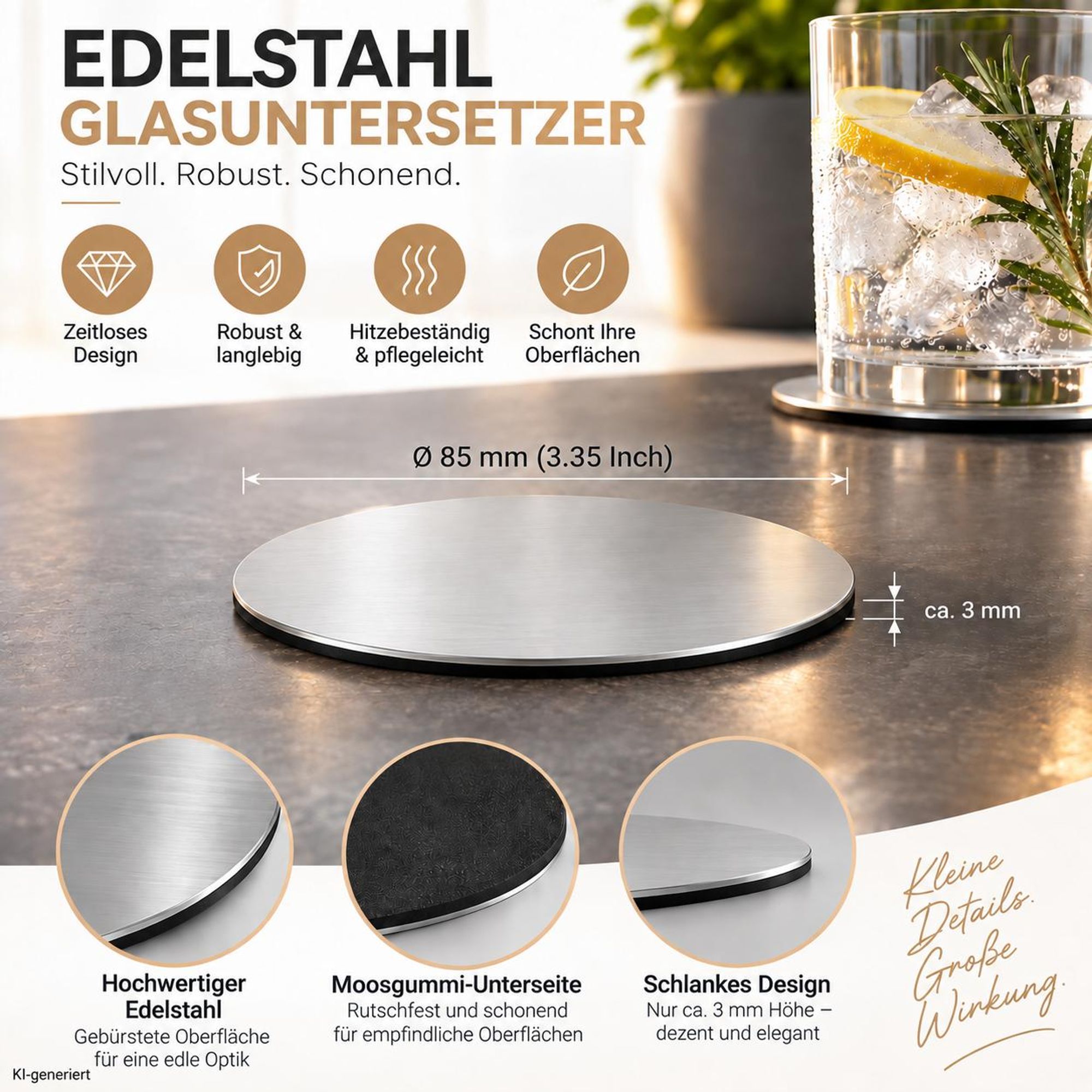 14-teiliges Untersetzer-Set mit Halterung, Getränkeuntersetzer aus Edelstahl & Moosgummi, rund Ø 8,5 cm, für Gläser, Tassen & Getränke, Silber/Schwarz