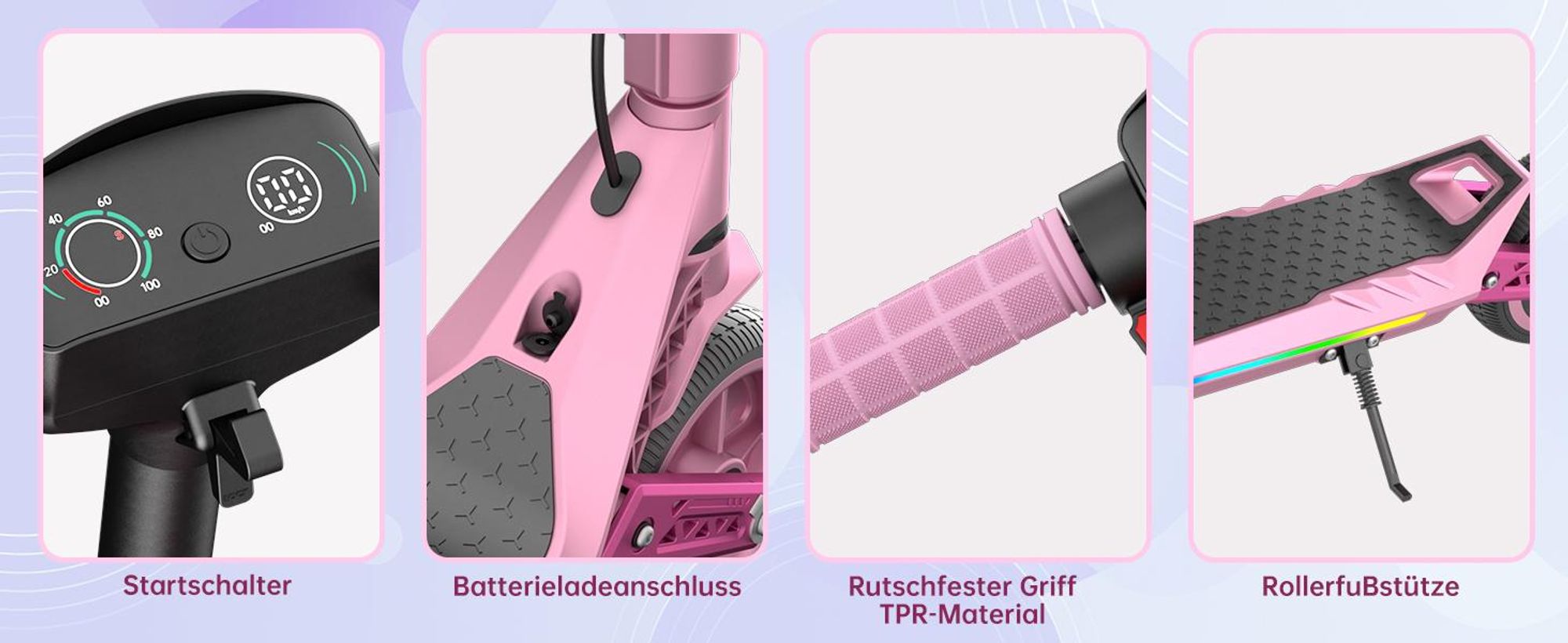 Elektroroller Für Kinder, Faltbarer E-scooter 16km/h, City Kinderroller Für Kinder 6-12 Jahren,10 km Reichweite, 130W, U8 Elektroscooter Rosa