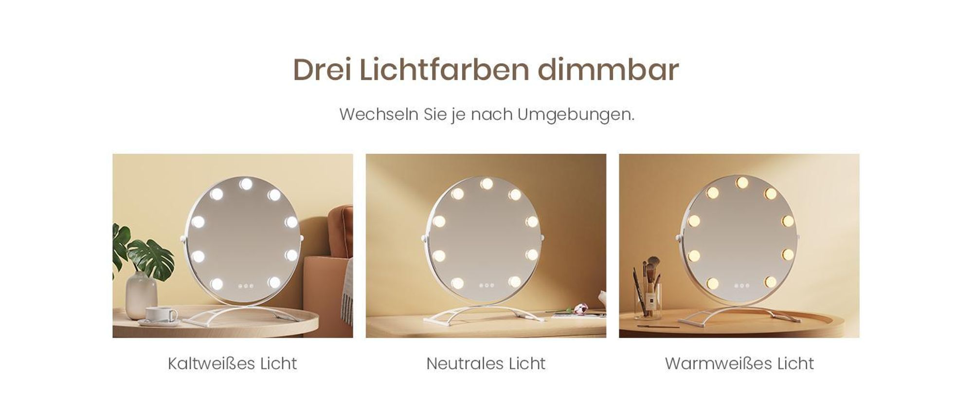 EMKE Kosmetikspiegel Hollywood 47X40cm Rund Schminkspiegel mit LED Beleuchtung und Vergrößerung 7x, 3 Lichtfarben Dimmbar, Weiß