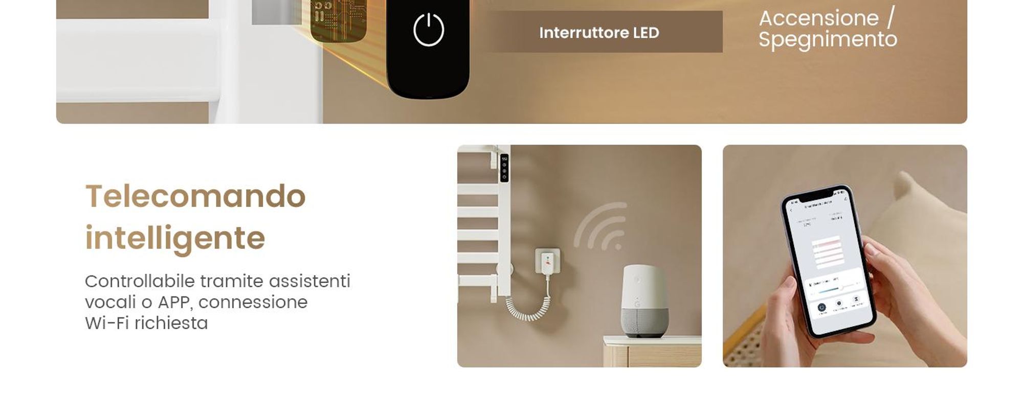 EMKE Scaldasalviette elettrico 1000x500 mm, 280W, doppia fila, tubi piatti, ripiano e ganci, WiFi Tuya Alexa, bianco lucido