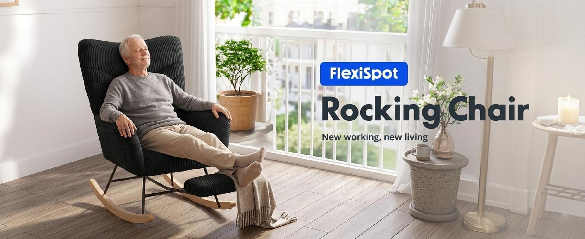 FLEXISPOT Schaukelstuhl Schaukelsessel hohe Rückenlehne & Fußstütze, Moderner Relaxsessel mit Holzkufen, gepolstert für Wohnzimmer, bis 120 kg Weiß