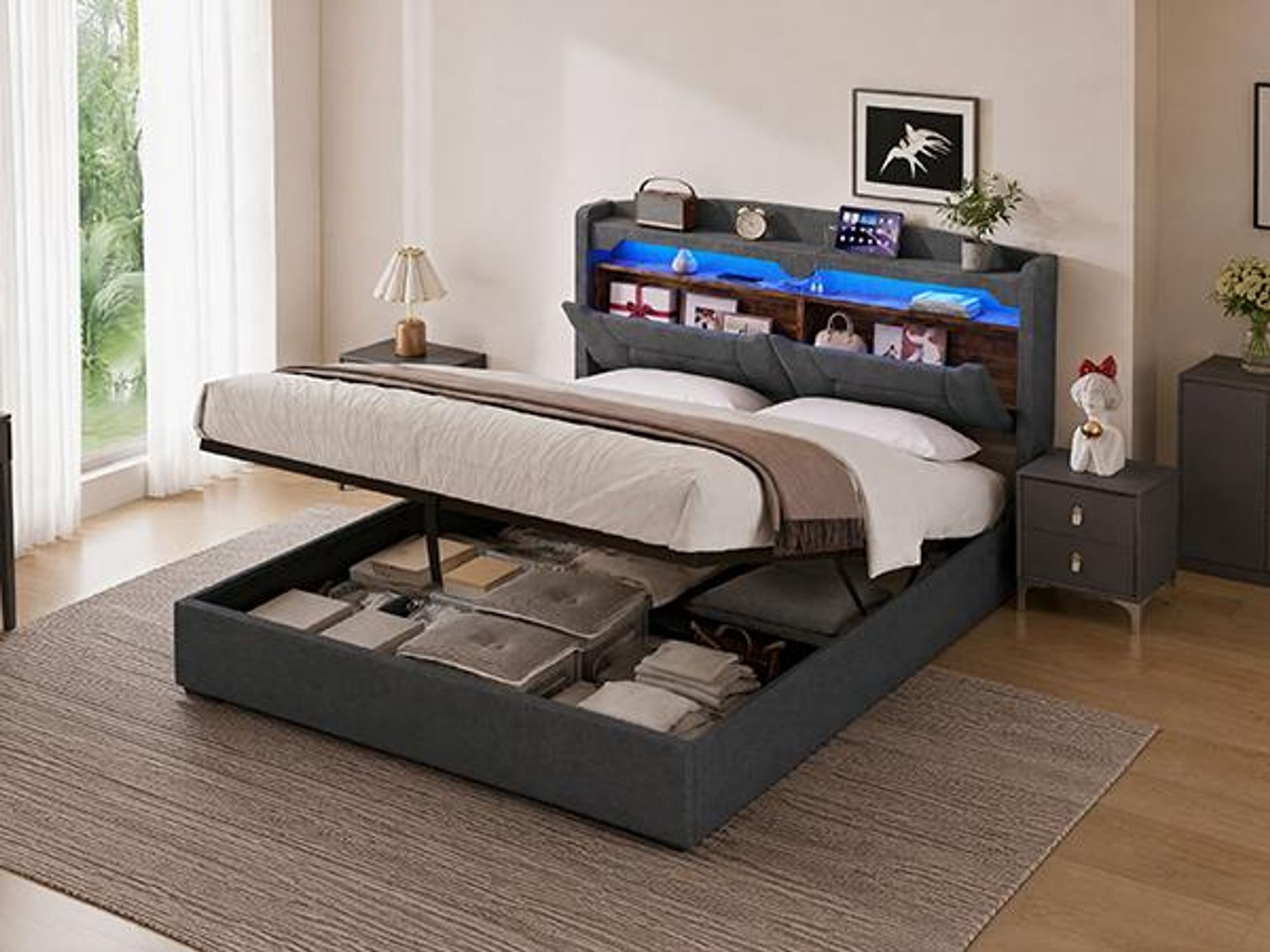 INONEFT Boxspringbett 140x200 mit LED und USB/Type-C , Polsterbett Doppelbett mit bettkasten , Hydraulischer Stauraumbett, Jugendbett, Leinen,Grau.