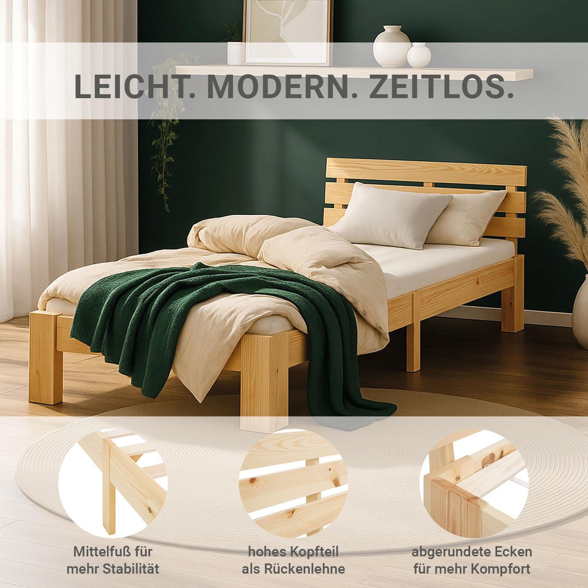 Das Holzbett steht vor einer grünen Wand. Es verfügt über einen Mittelfuß für mehr Stabilität.