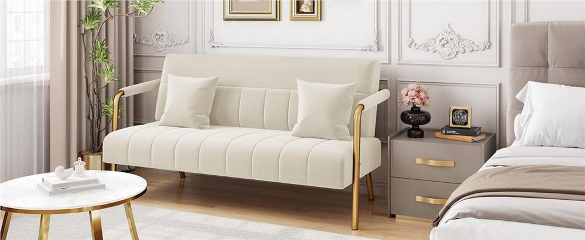 Yaheetech 2-Sitzer Polstersofa für Wohnzimmer, mit Armlehnen & Metallbeinen, Doppelsofa mit 2 Kissen, Beige