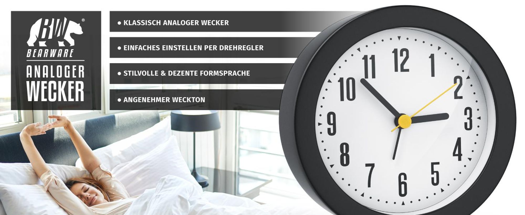 BEARWARE Wecker rund, lautes Klingeln, großes Ziffernblatt, ohne Ticken Batteriebetrieb, einfache Bedienung, Klang, retro, seniorentauglich