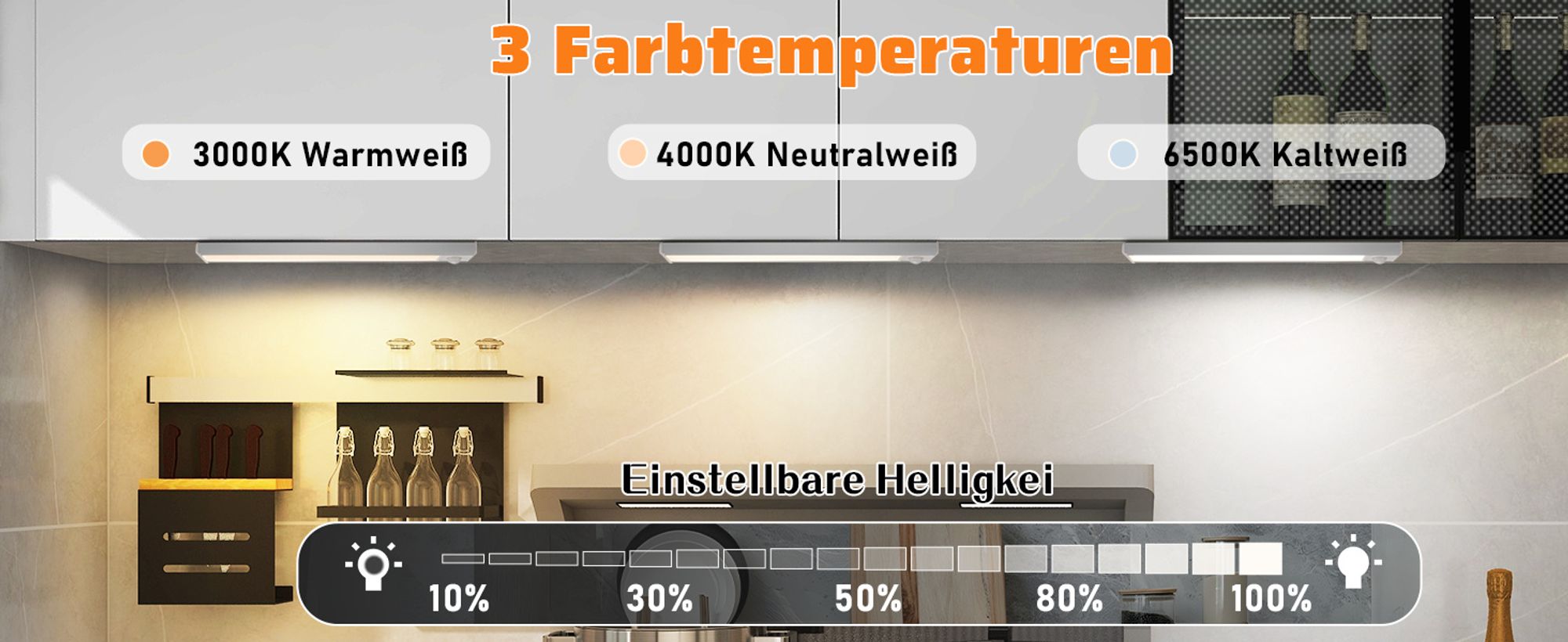 ZMH Unterbauleuchte Küche LED 20CM 2 Stück Schrankbeleuchtung mit Bewegungssensor USB Wiederaufladbar Schranklicht Dimmbar 3 Farbtemperatur