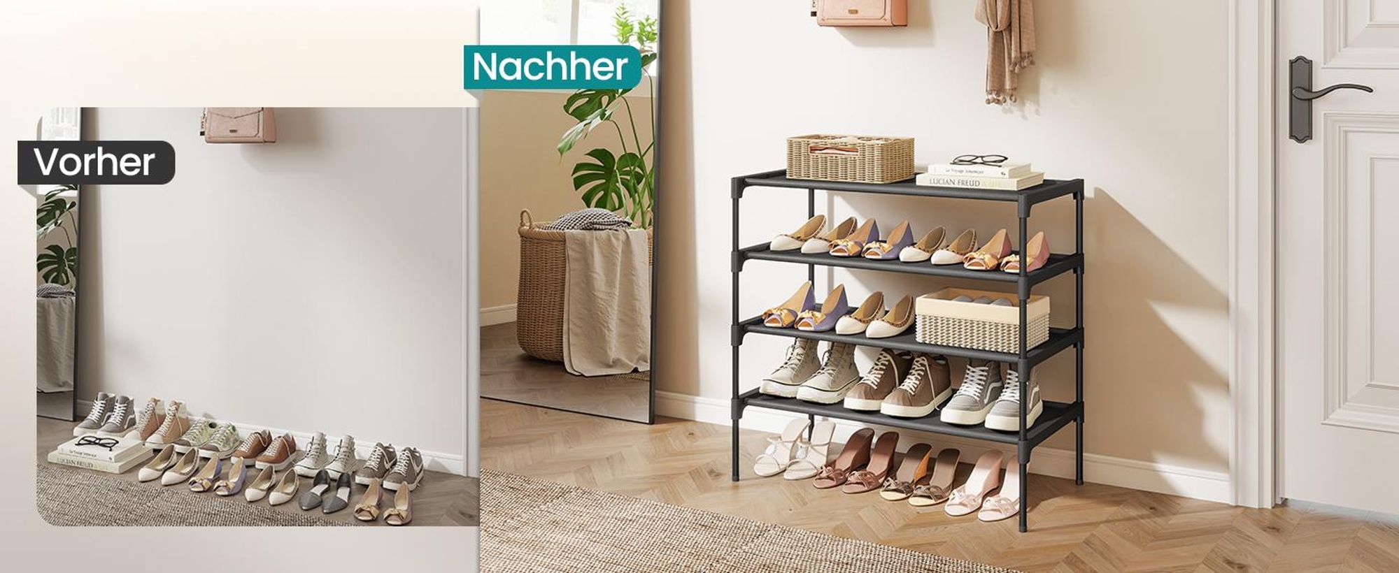 Schuhregal 4 Ebenen, Schuhaufbewahrung, Eingangsbereich, platzsparend, Metallrahmen, Vliesstoff-Ablage, schwarz
