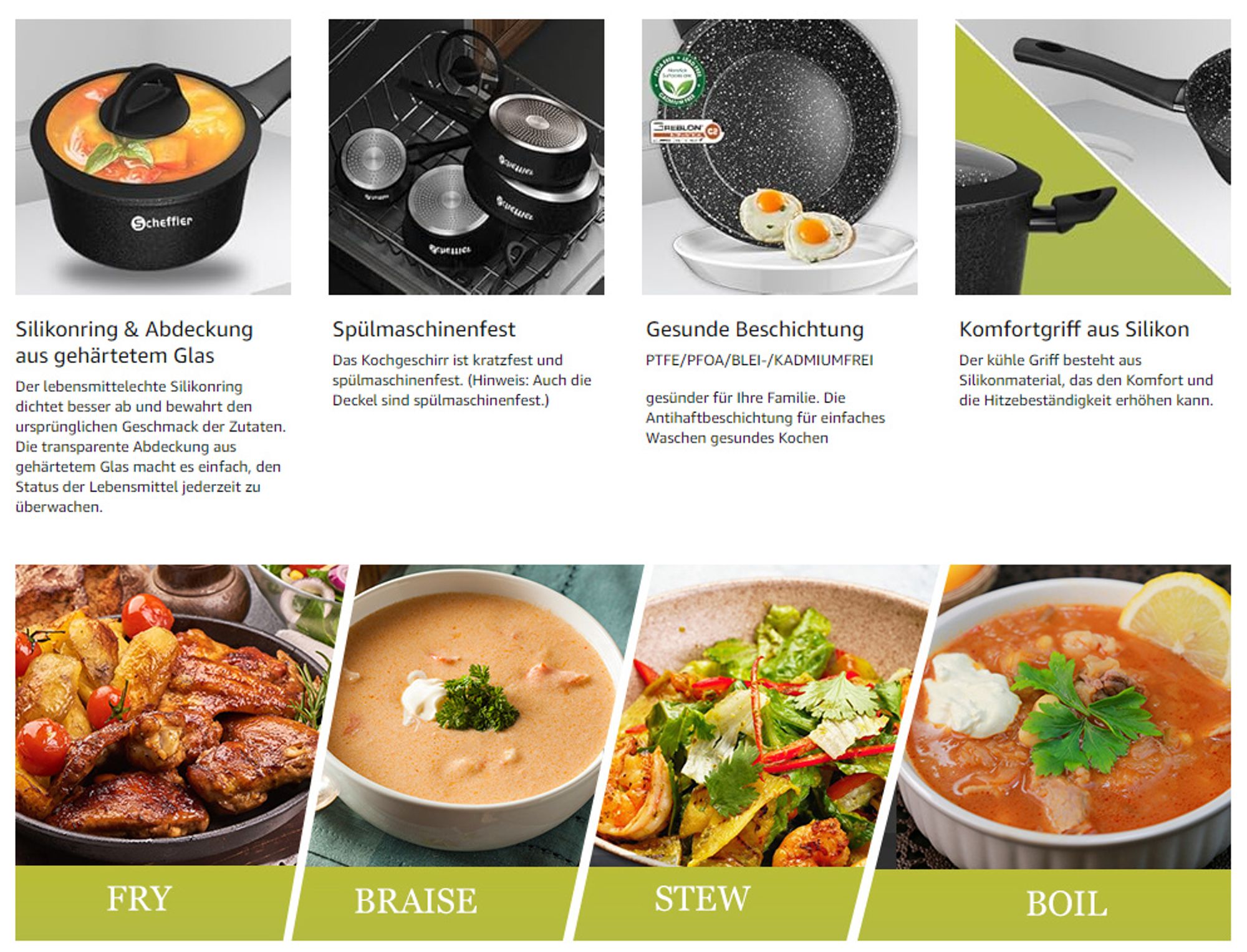 Scheffler Topfset, Induktions Töpfe Set 6-teilig, Antihaft-beschichtete Topfe, Kochtopf Set mit Glasdeckel, Spülmaschinenfest