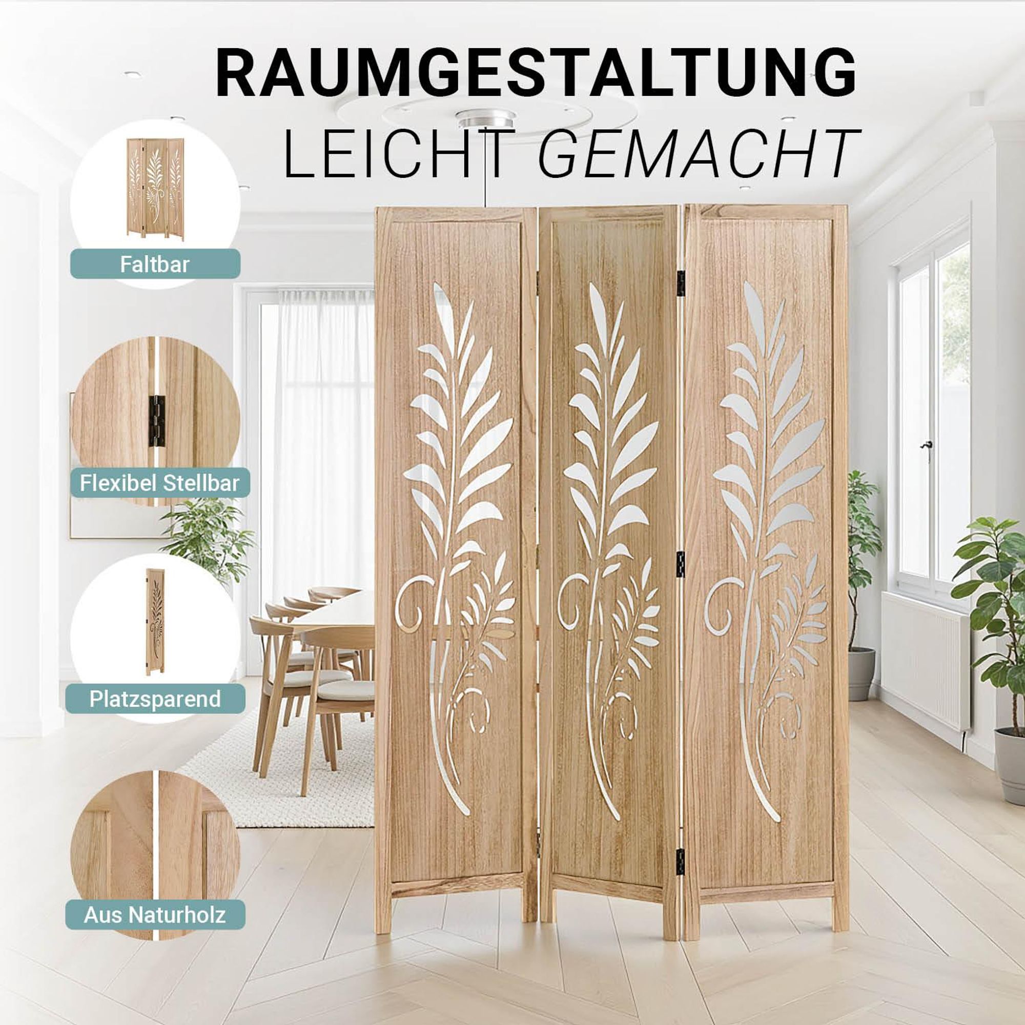 Raumgestaltung mit einem Raumteiler-faltbar, flexibel stellbar, platzsparend, aus Naturholz.