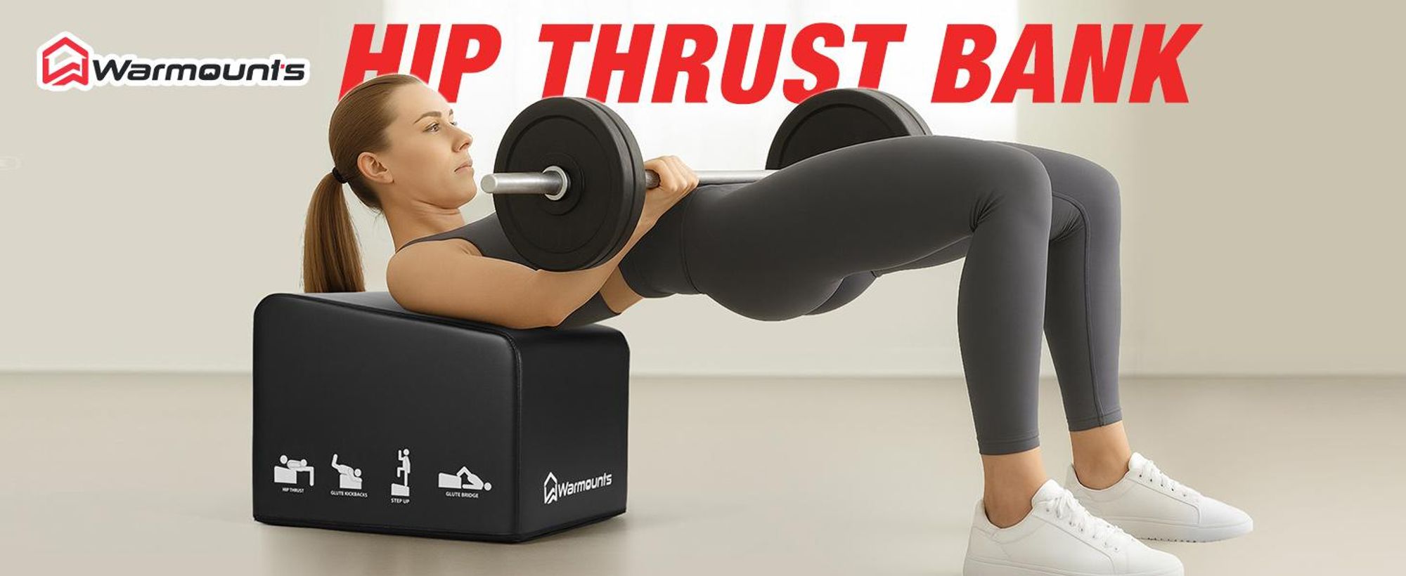 WARMOUNTS Hip Thrust Bank 317kg Belastbar Glute Bridge Box Krafttraining Home Gym Rutschfest mit Griff, Größe M 44,7x39,9x35cm