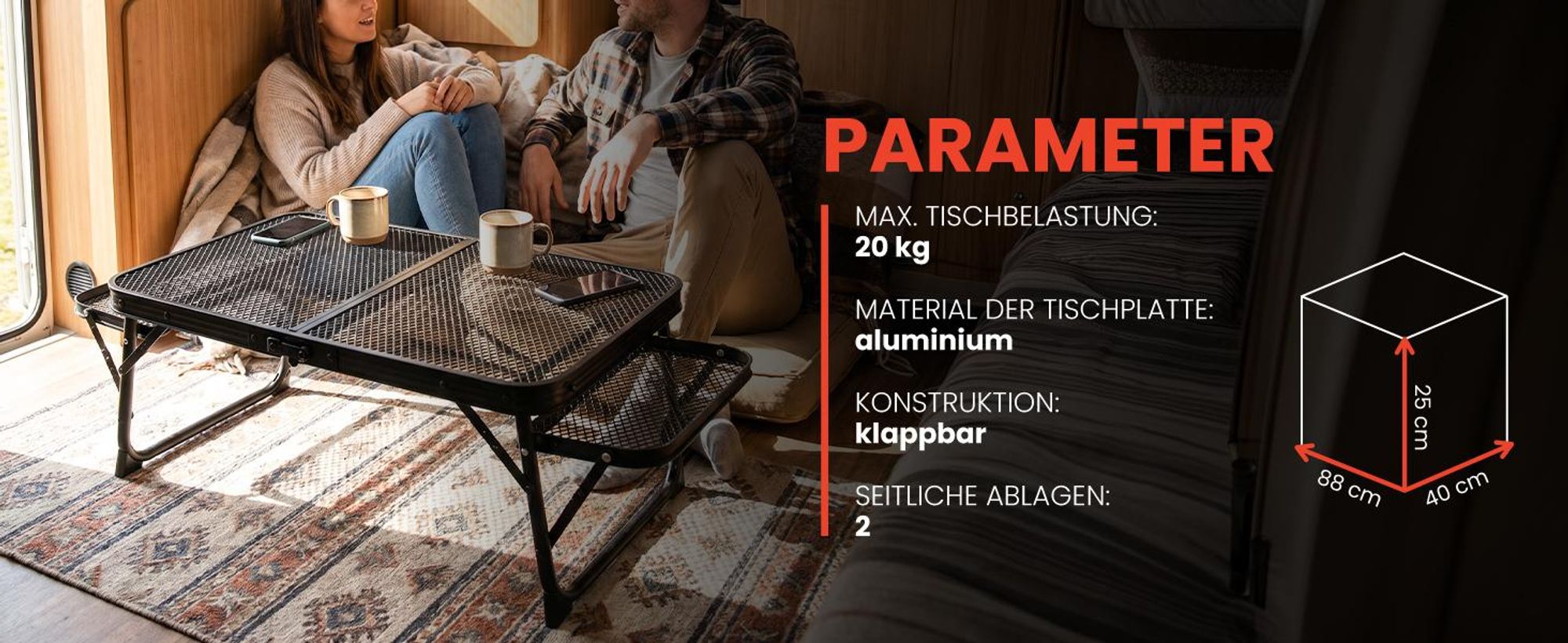 Campingtisch Reisetisch Klappbarer im Koffer mit Seitenablagen Reise 60x40x25cm Schwarz Aluminium