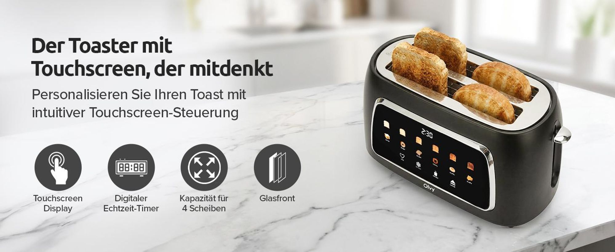 Olvy Toaster 4 Scheiben, Langschlitztoaster, Digitaldisplay mit Timer, 6 Bräunungsstufen, breite Schlitze, Auftau- und Aufwärmfunktion, 1500W, Schwarz