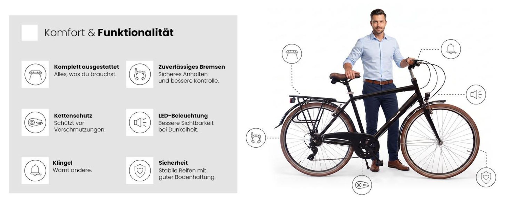 Dallas Bike Trekkingrad Herren - 28 Zoll - Stahlrahmen XL 21" - Schwarz-Braun - Shimano 7-Gang - Reflexreifen