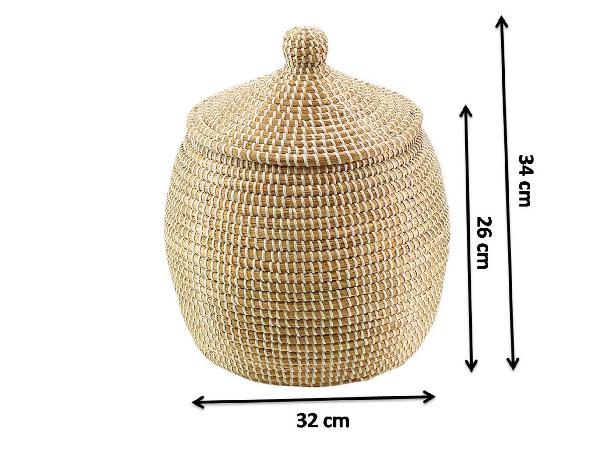 Kobolo Aufbewahrungskorb 34x32 cm natur aus getrocknetem Seegras mit weißem Kunststoff umwickelt. mit Deckel Schlangenkorb Wäschekorb Körbe Box Boxen