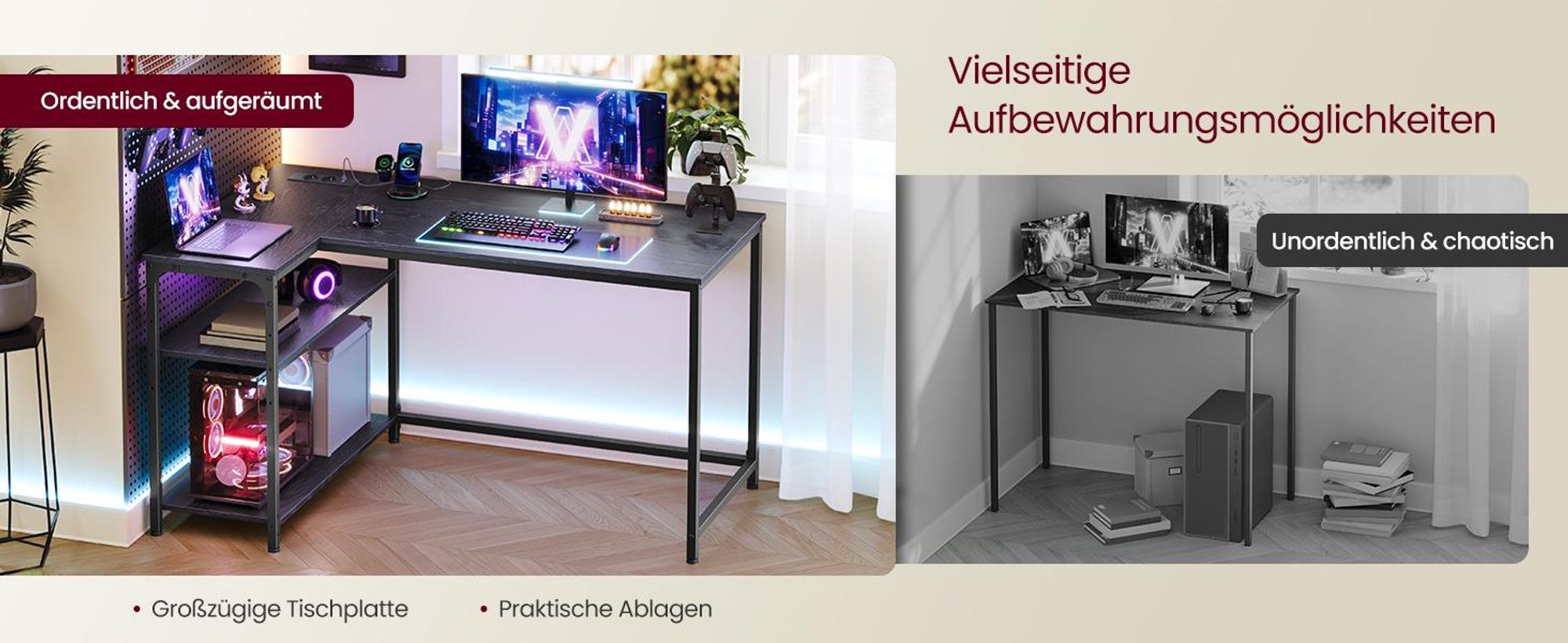 VASAGLE Schreibtisch mit Stauraum, L-Form Computertisch, höhenverstellbare Ablage, Büro, mit Ladestation, 120 x 80 cm, schwarz