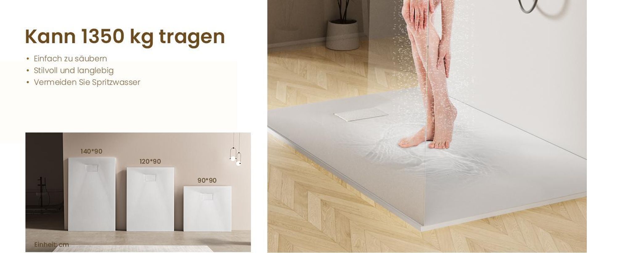 EMKE Duschwanne Flach Rechteckig 140x90cm Duschtasse mit Rutschfeste Struktur in Weißer Steinoptik