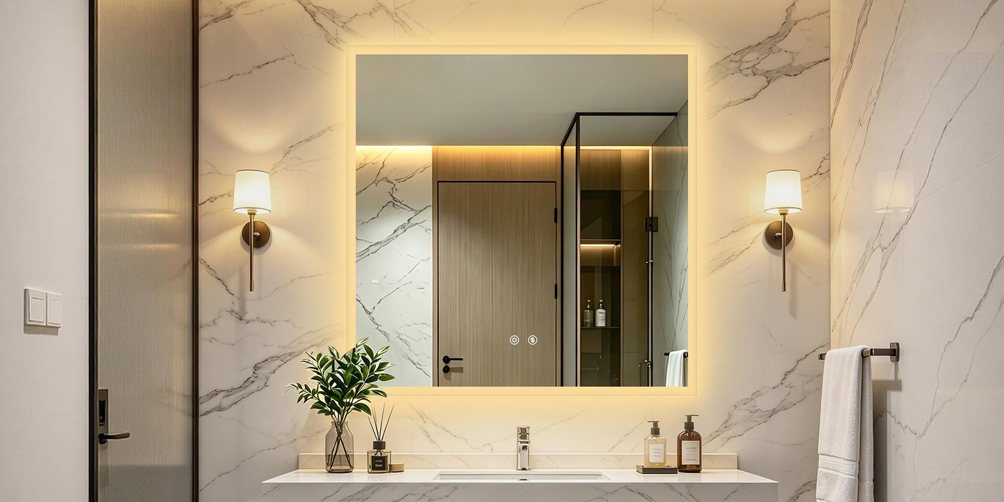 WISFOR LED Badspiegel 90x90 cm, Badezimmerspiegel mit Beleuchtung, mit Touchschalter beschlagfrei 3 Lichtfarben, IP66 Energiesparend