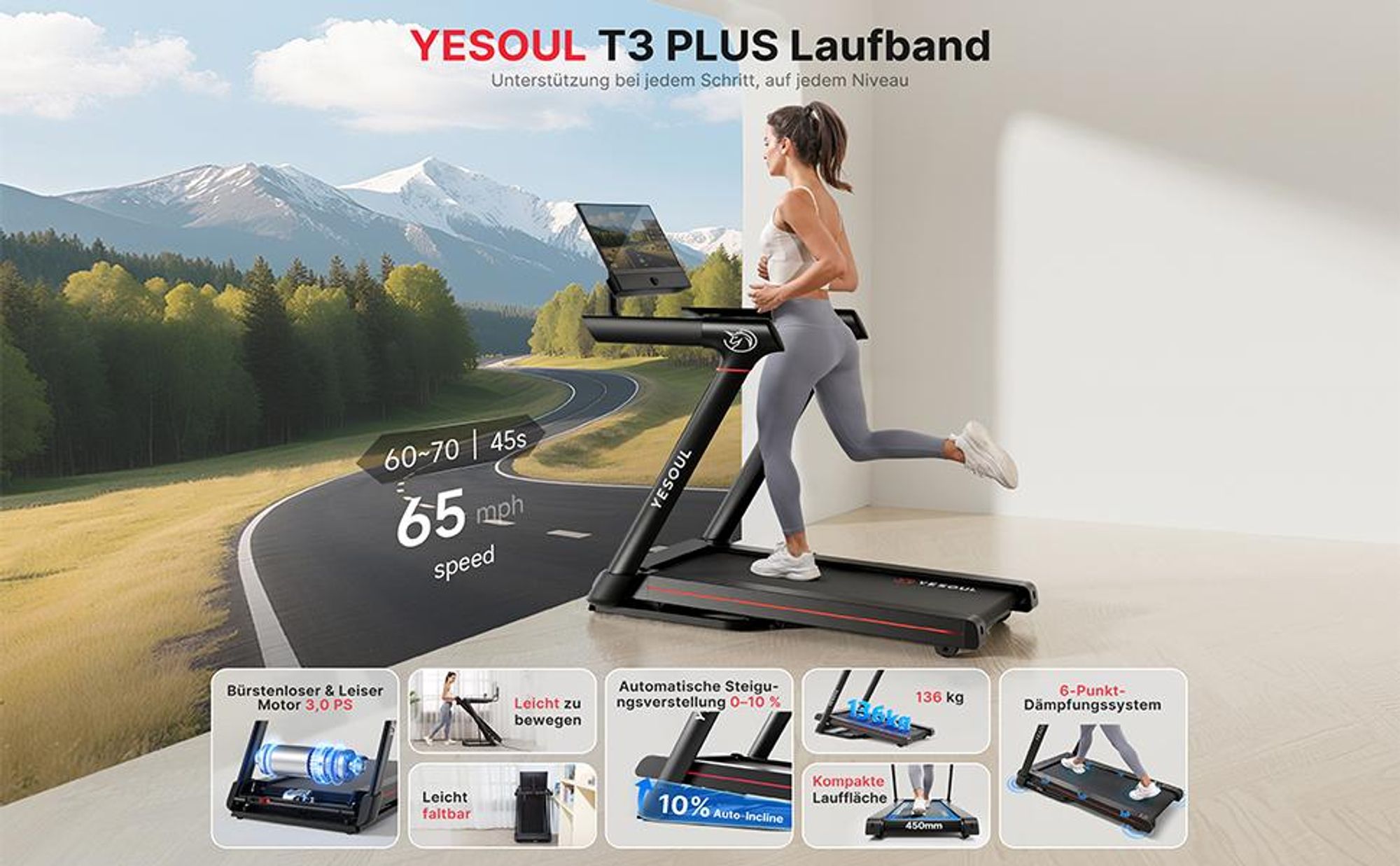 YESOUL T3 PLUS 21,5" FHD běžecký pás s 10% automatickým sklonem, bezkartáčovým motorem, otočnou 360° obrazovkou a zrcadlením, skládací