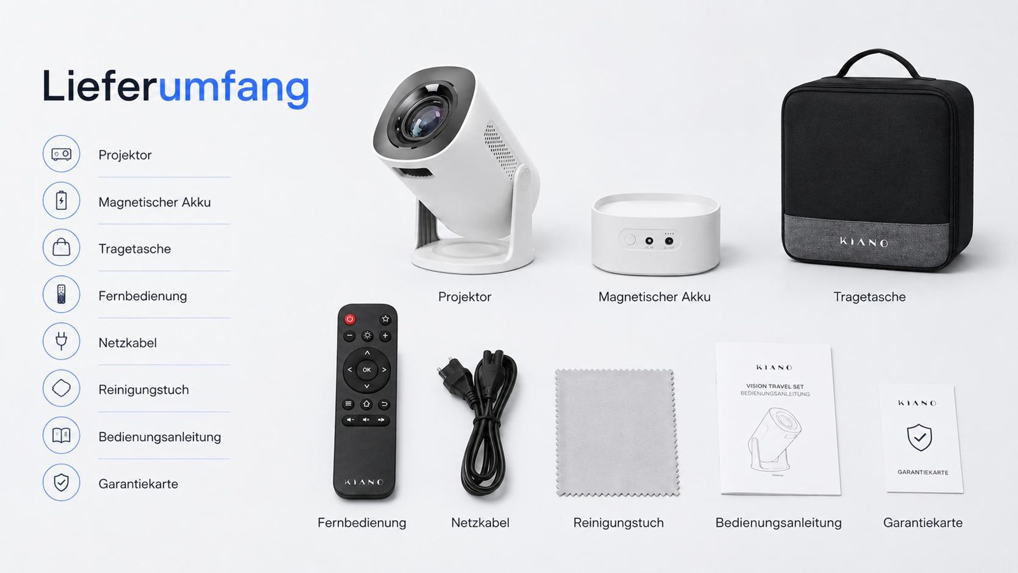 Kiano Vision Mini Beamer tragbar, 1280x720 HD, Android 11 Smart TV, Akku