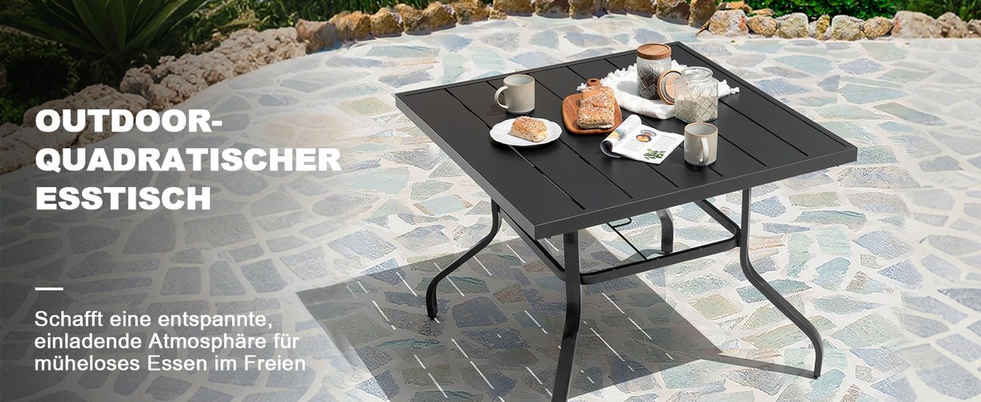 Avestar Garten-Esstisch 94x94x73 cm aus Eisen mit Schirmloch, Lamellentischplatte, Schwarz
