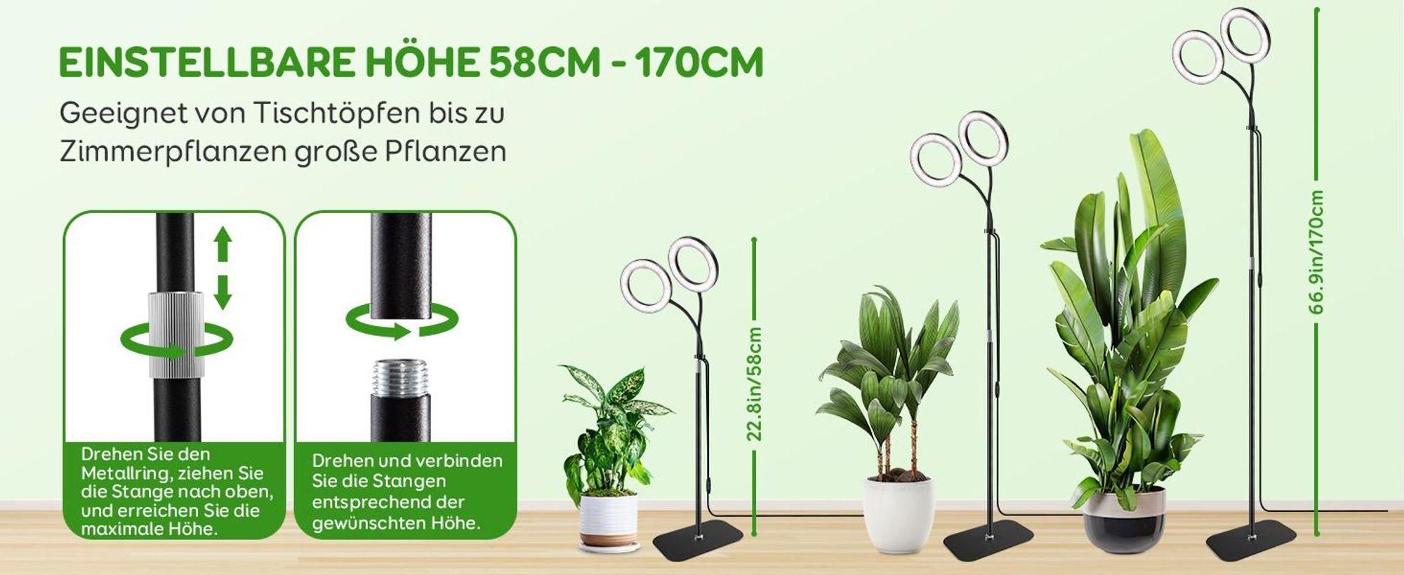 LED Pflanzenlampe Vollspektrum 2 Köpfe,144 LEDs,10-stufig dimmbar,3-Beleuchtungsmodi,Timer 3/9/12h,16cm Ring,58-170cm verstellbarem Stab,Schwarz