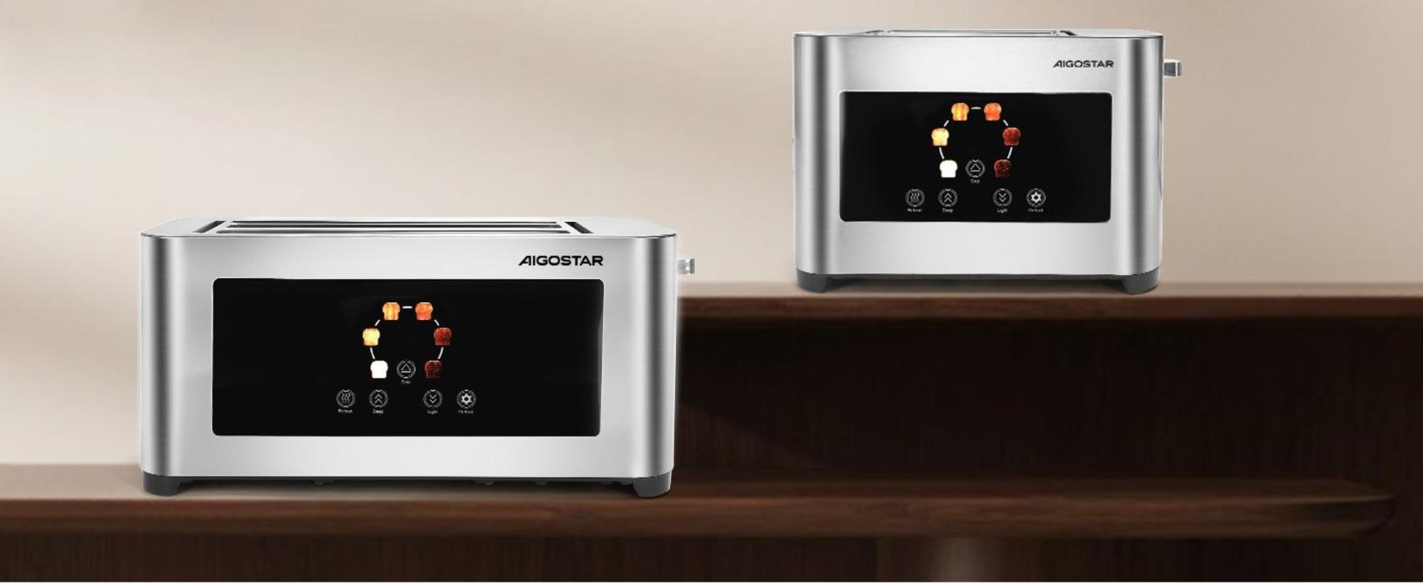 Aigostar Toaster 2/4 Scheiben, 6 Bräunungsstufen, LED-Touchscreen, Toaster Langschlitz , 2 lange Schlitze,  1400 W Brotzentrierung, Edelstahl