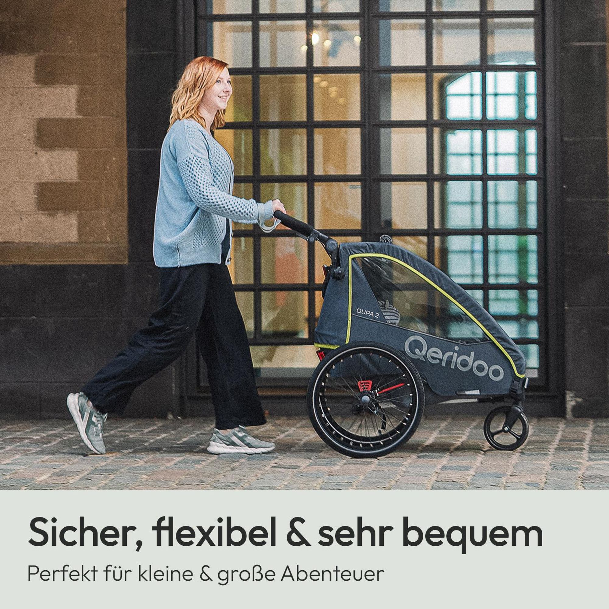 Qeridoo QUPA 2 - Kinderfahrradanhänger für 2 Kinder, Farbe: Lime