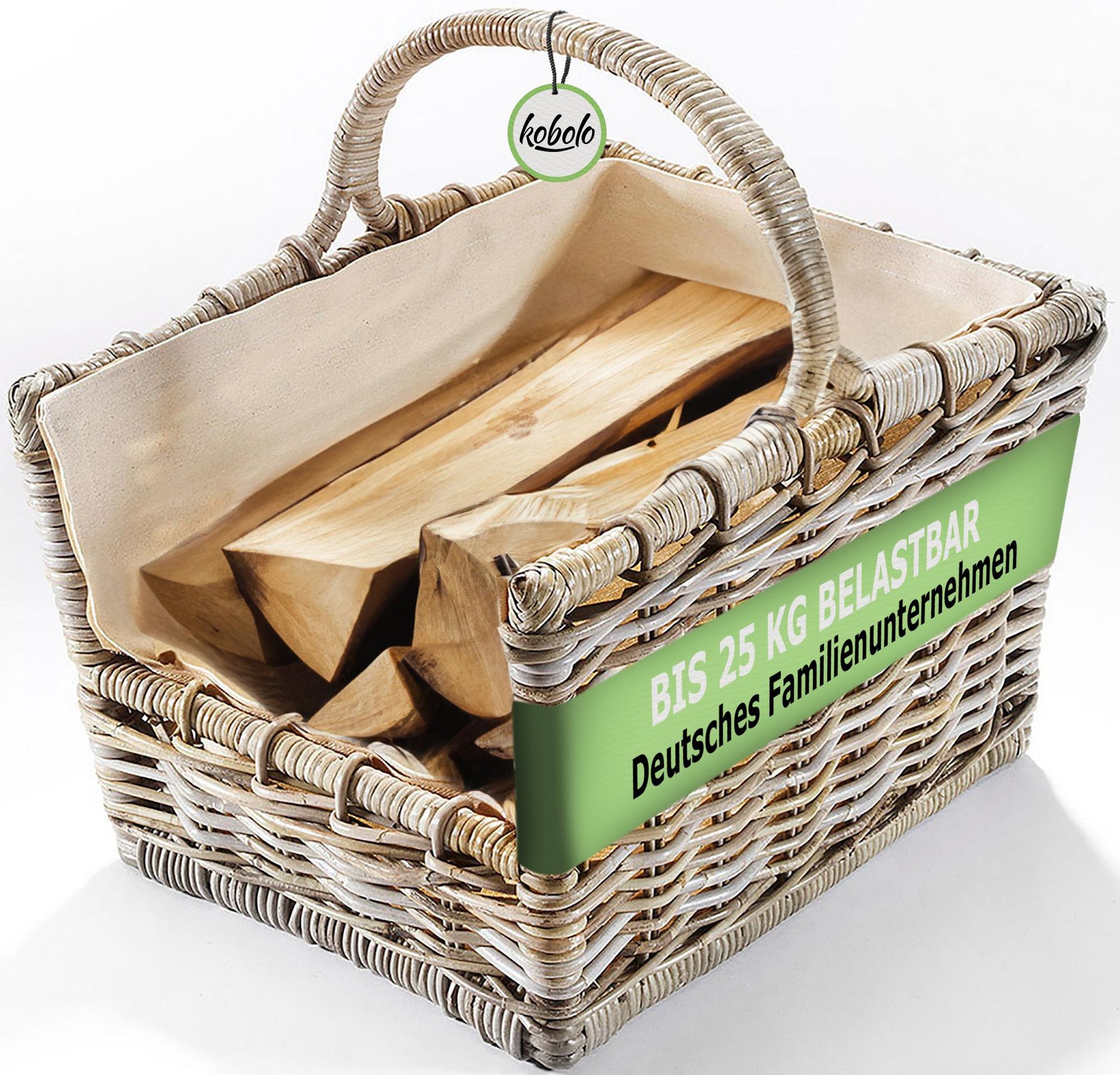 Kobolo Kaminholzkorb Holztrage Holzkorb für Kaminholz Rattan grau mit abnehmbarem Leinenstoff Holzkörbe Holztrage Körbe Feuerholzkorb Brennholzkorb