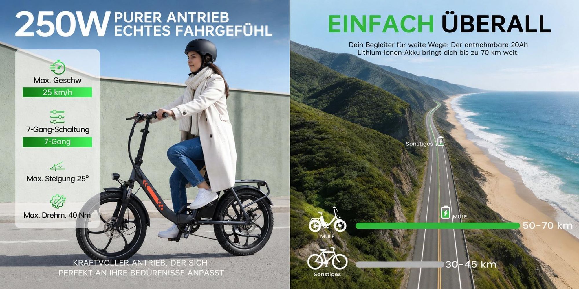 Draixcor E-Bike Klapprad 20 Zoll faltbar, 48V 20Ah 960Wh, bis 150 km, 250W Heckmotor, Shimano 7-Gang, Scheibenbremsen, Tiefeinstieg, Pedelec Citybike