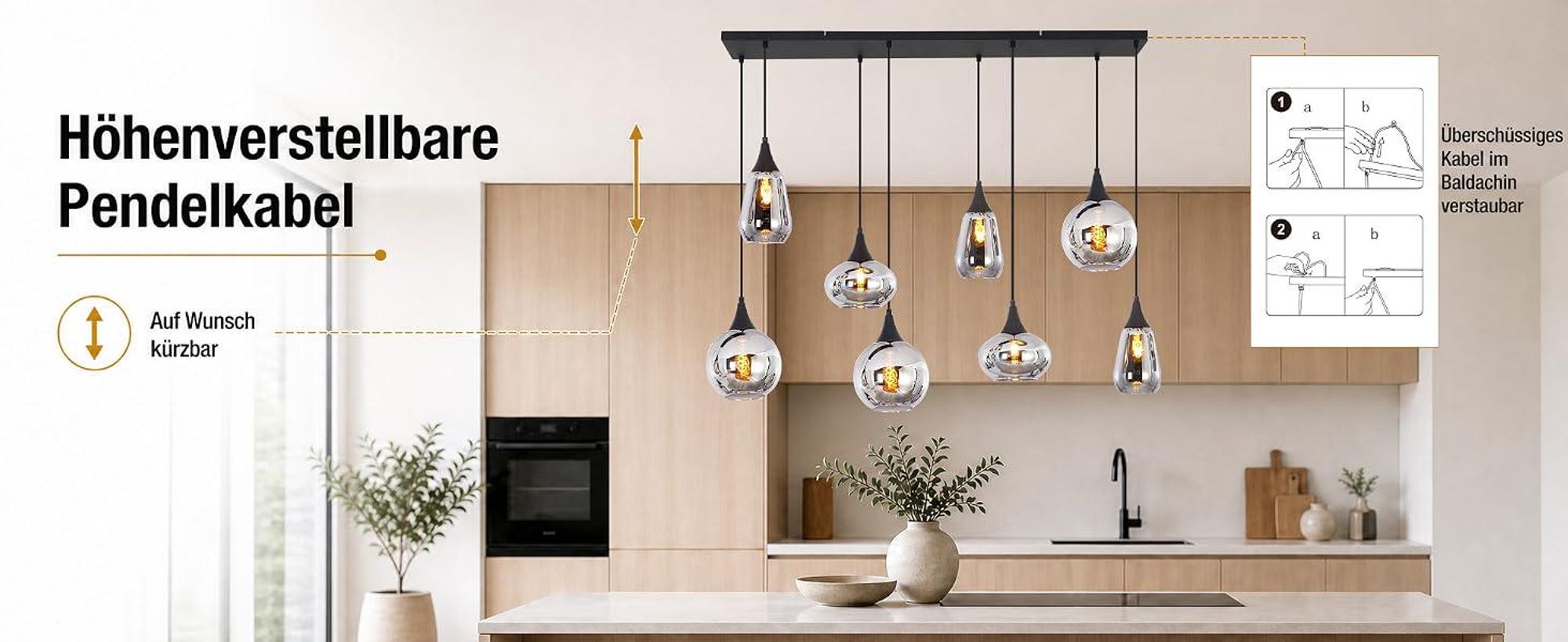 Lampada a sospensione ZMH, vetro, 126 cm, attacco E27, ideale per il soggiorno, 8 luci, lampada a sospensione per tavolo da pranzo, stile vintage, lampada da soggiorno, sfera di vetro, colore nero