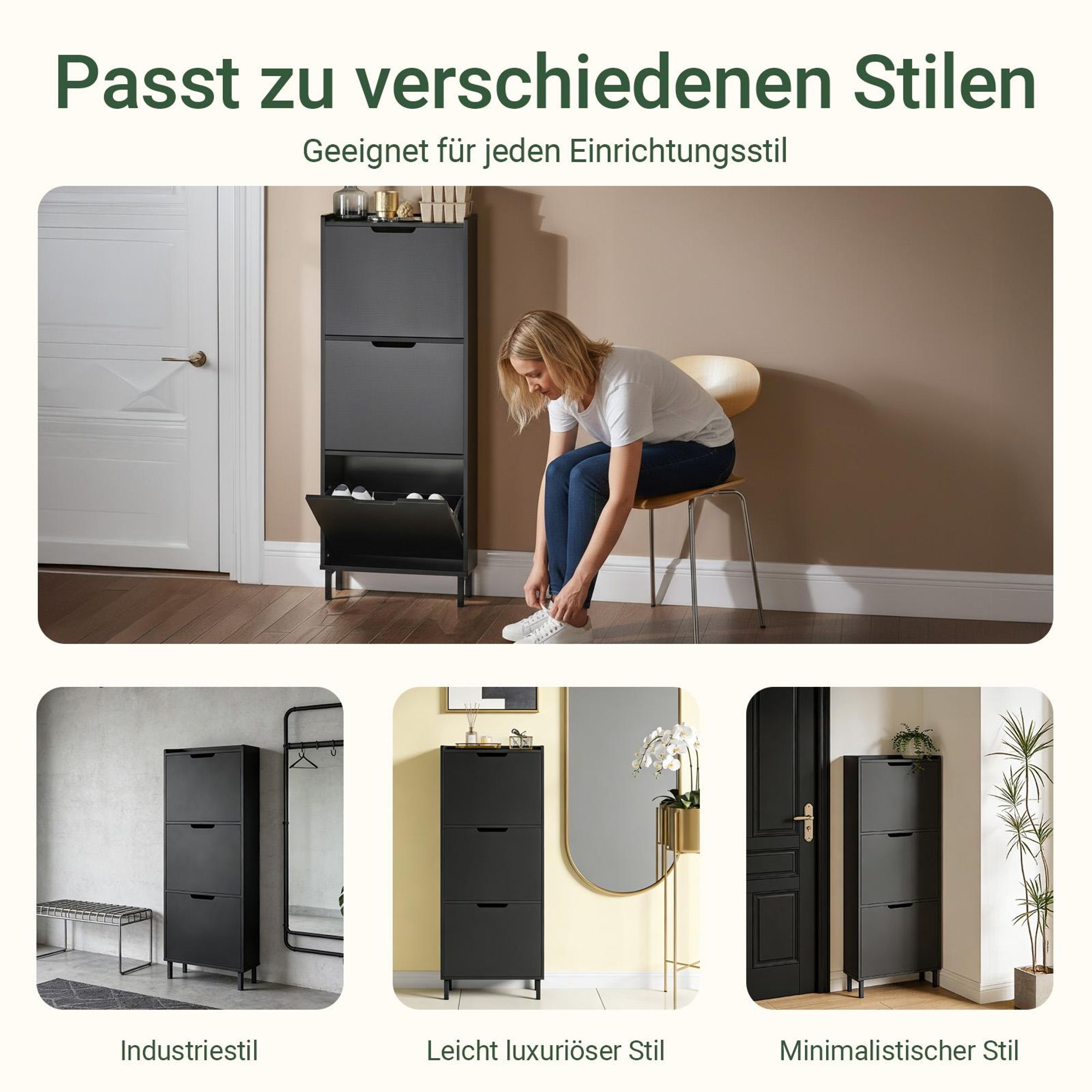 SoBuy schmaler Schuhkipper 19 cm tief mit 3 Klappen Schuhschrank für Flur mit geschlossenem Stauraum, platzsparendes Schuhregal Schwarz FSR151-H-SCH