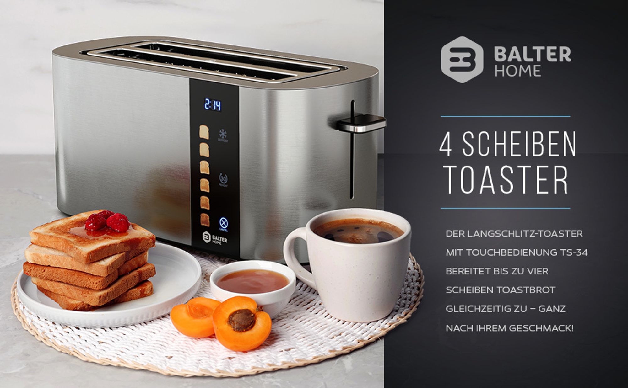 Balter Toaster 4 Scheiben, Edelstahl, Langschlitztoaster mit Brötchenaufsatz, 1400W, LCD Display, Defrost-/Aufwärmfunktion, Krümelschublade, Silber