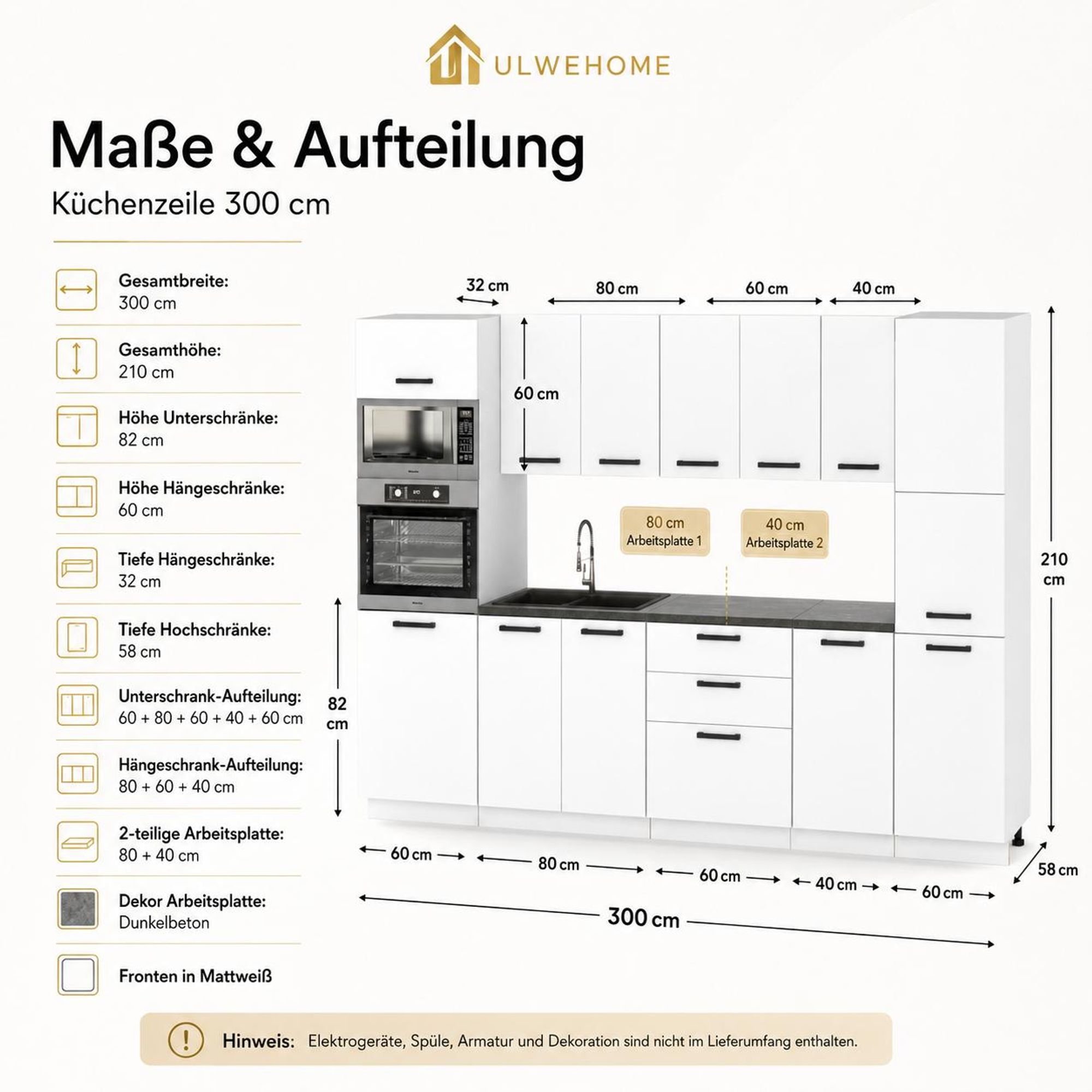 Küchenzeile 300 cm Weiß Matt: Maße, Abmessungen & Schrankaufteilung
