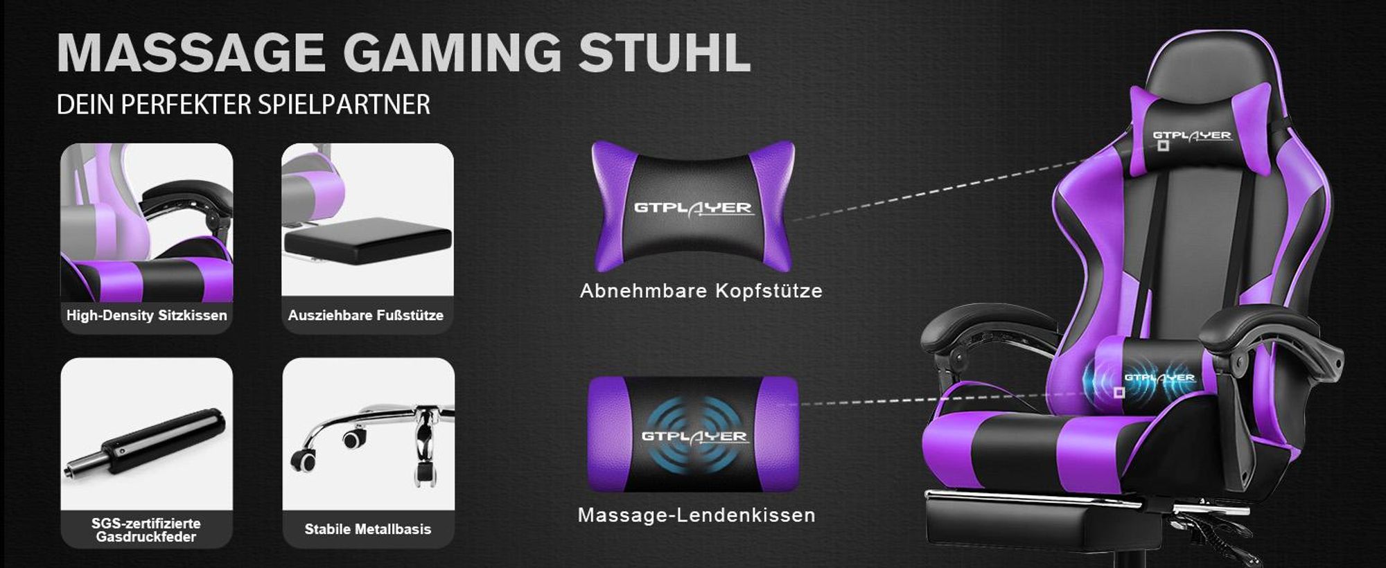 GTPLAYER Kancelářská židle Herní židle Masážní herní křeslo Ergonomická herní židle s opěrkou nohou, masážní bederní polštář, polstrovaná herní židle, otočné křeslo