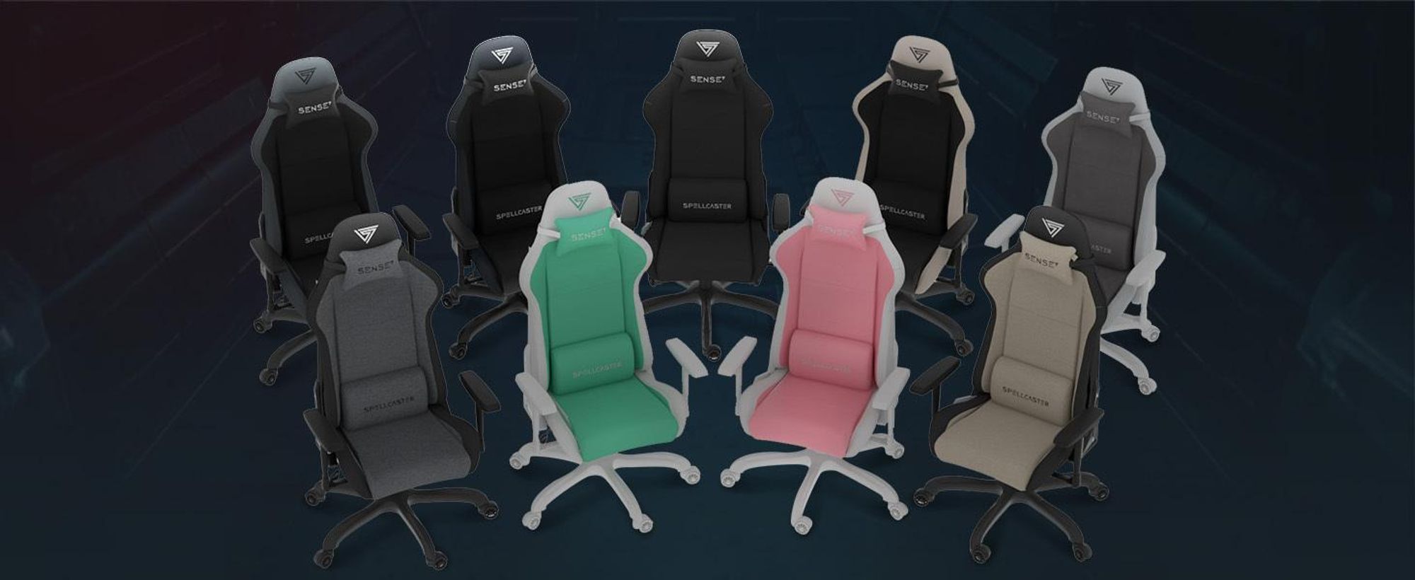 Sense7 Spellcaster FUKU Gamingstuhl, Gaming Sessel, Bürostuhl, Ergonomisch Schreibtischstuhl, Drehstuhl mit Kopfstützen bis zu 120 kg, Stoff, Schwarz