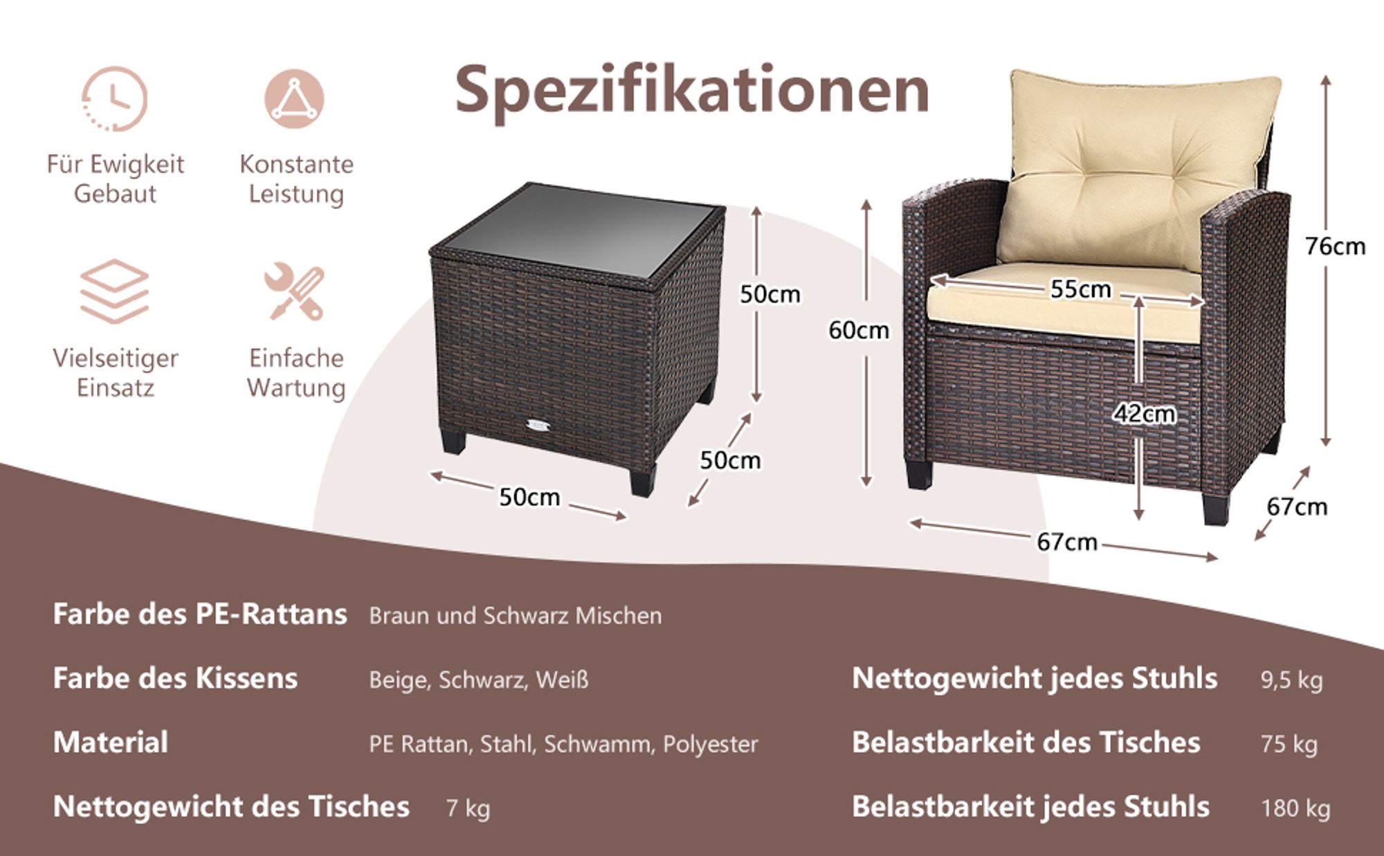 Rattan Gartenmöbel Set Anthrazit - 2 Sessel Mit Kissen + Tisch, Balkon & Terrasse