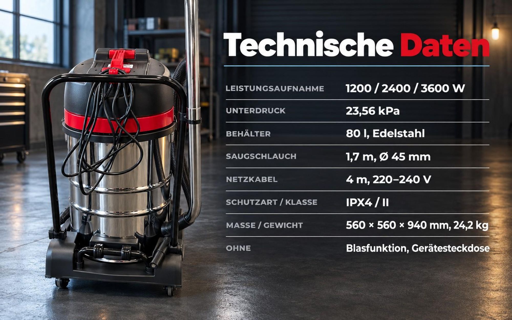 Technische Daten Industriesauger WD3680 3600 W 80 l Edelstahl