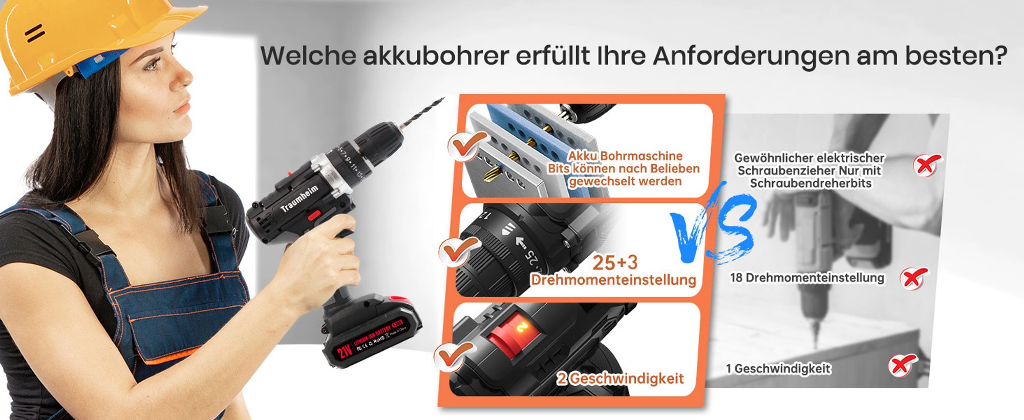 Akkuschrauber, Akku Bohrschrauber Set, Schlagbohrmaschinen, Akku-Bohrer, 48VF mit 2x 1500Ah Batterie,45Nm Max. Drehmoment, Professional Schnellladung