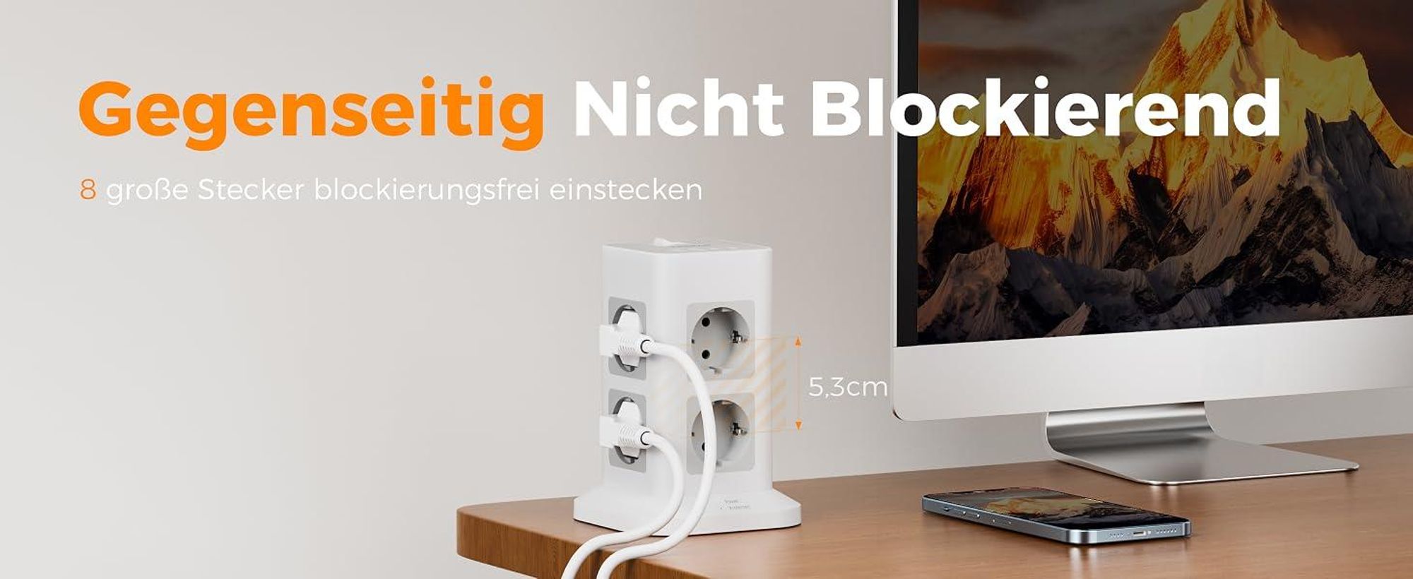 TESSAN 8 Fach Mehrfachsteckdose mit 2 USB C Verlängerungskabel 2M Steckdosenturm mit Schalter Grau 3600W