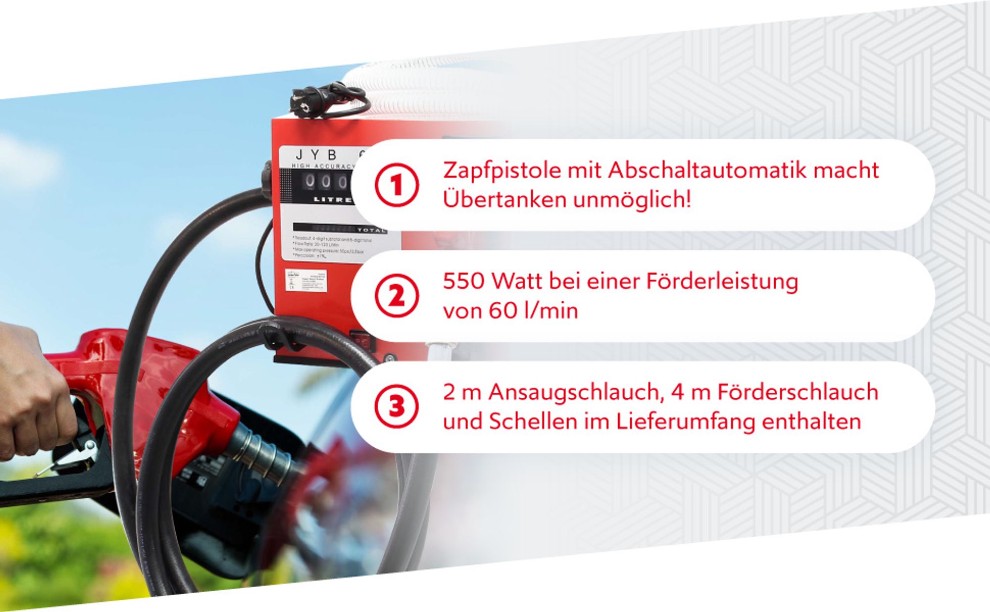 Wiltec Heizöl- und Dieselpumpe 230V/550W 60l/min selbstsansaugend, zur Wandmontage, Zapfpistole mit Abschaltautomatik, Kraftstoffpumpe