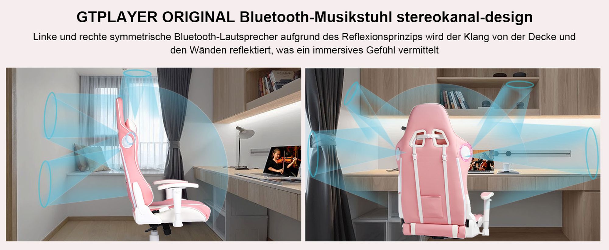 GTPLAYER Gaming Chair »Welt-limitierte Auflage 890MF Patentierter Bluetooth-Lautsprecher-Gaming-Stuhl«, Bürostuhl inkl. Lenden- und Nackenkissen, Ausziehbare Fußablage, Ergonomischer Schreibtischstuhl Pink