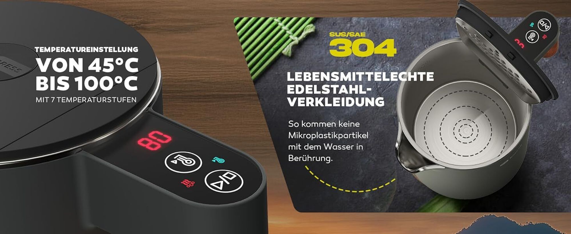 BALTER Edelstahl Wasserkocher mit Temperatureinstellung, 45°C-100°C, Doppelwand, BPA frei, Warmhaltefunktion, 1.5L, 2200W, Grau