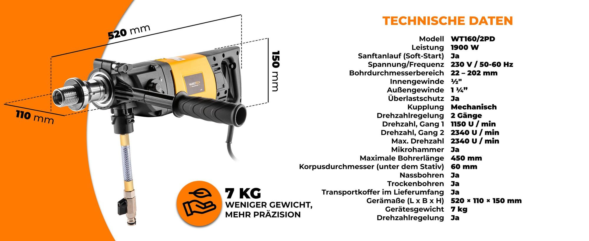 Kernbohrgerät Handgeführt mit Mikroschlag 1900 W Diamant-Kernbohrmaschine 2340 U/min Freihand Kernbohrgerät mit 2 Gänge 22-202 mm