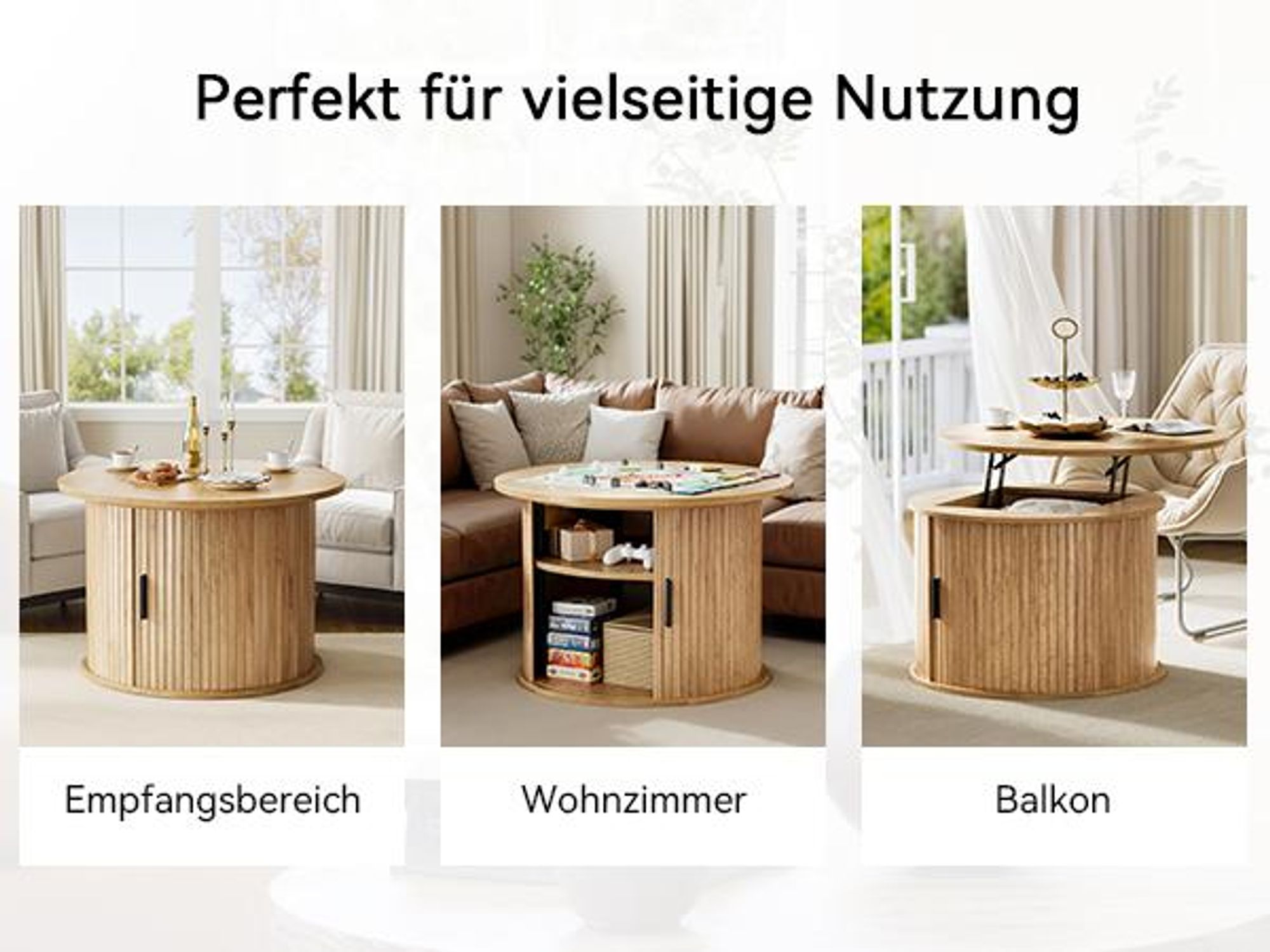 FABATO Runder Couchtisch mit Hochfahrplatte & gewelltem Holzdekor – mit verstecktem Stauraum, offenem Regal & drehbarer Schiebetür als kleiner Esstisc
